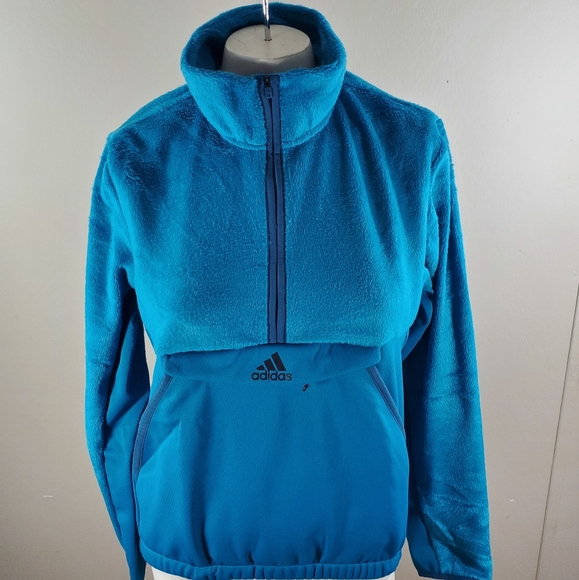 Adidas Half Zip Faux Fur Pullover Top DX9311 Teal - Picture 2 of 4